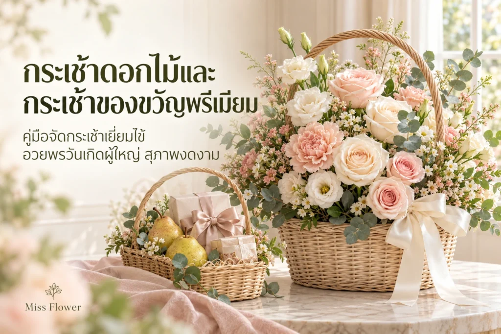 กระเช้าดอกไม้และกระเช้าของขวัญพรีเมียม: คู่มือจัดกระเช้าเยี่ยมไข้ อวยพรวันเกิดผู้ใหญ่ สุภาพงดงาม